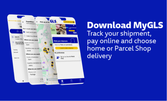 My GLS app screen from GLS displaying shipment tracking, online payment and the option to choose home or Parcel Shop delivery from a mobile device.