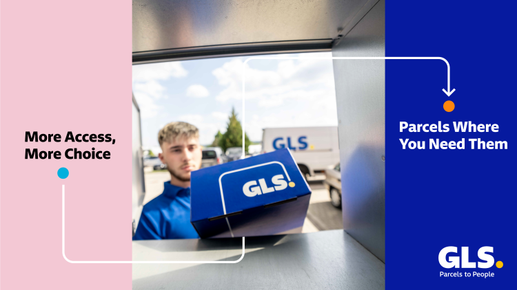 GLS courier placing parcel in locker, illustrating expansion of European OOH network to 130,000 locations.