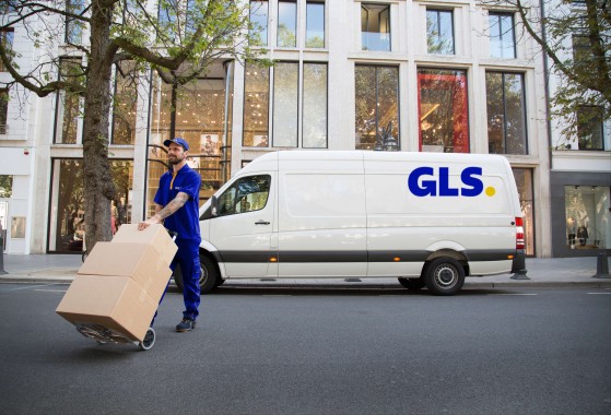 GLS delivery with parcels and GLS van in background