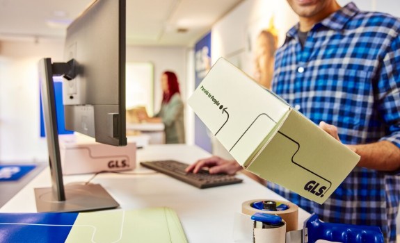 A GLS employee is preparing a parcel in the fulfillment center