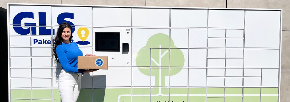 Sustainable GLS Parcel Locker in Slovenia with girl holding a parcel