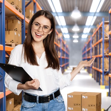 A woman proudly showcases the GLS Fulfillment center with a smile