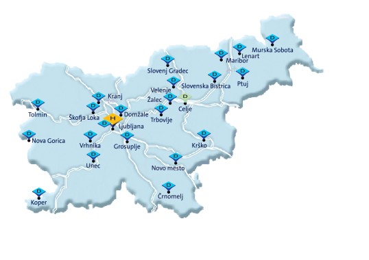 Map of network Depots and Hub of GLS Slovenia
